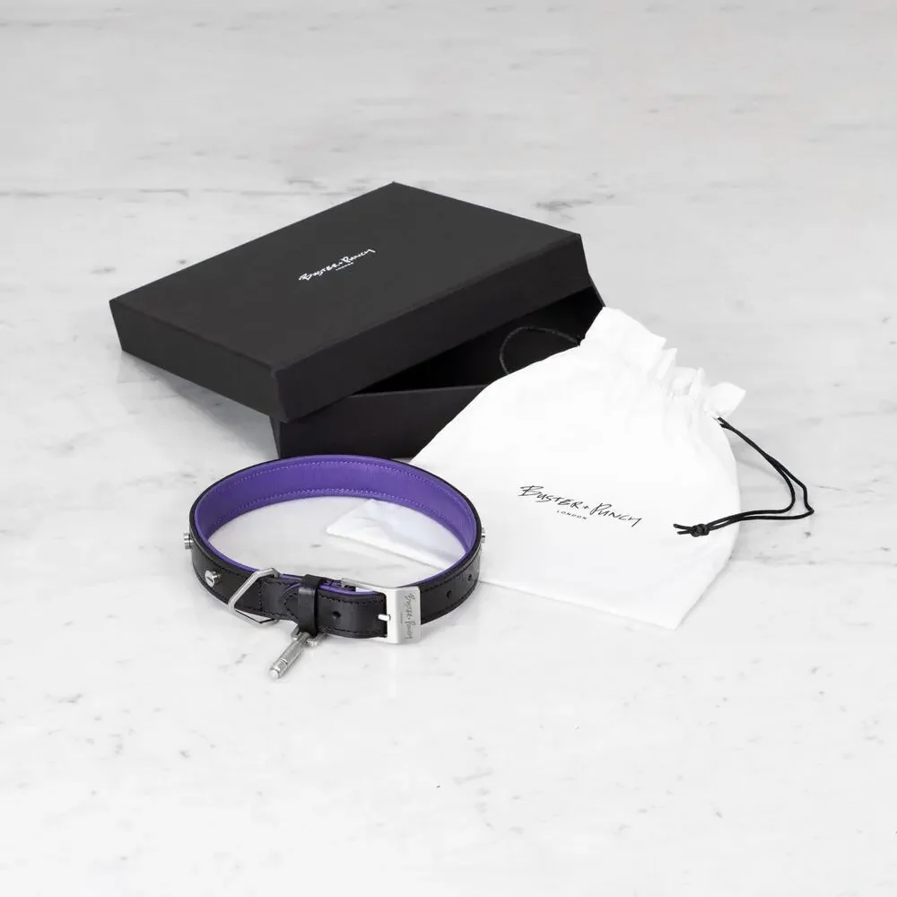 Buster + Punch Dog Collar 22-26” Leather Silver Black and Purple Designer NIB